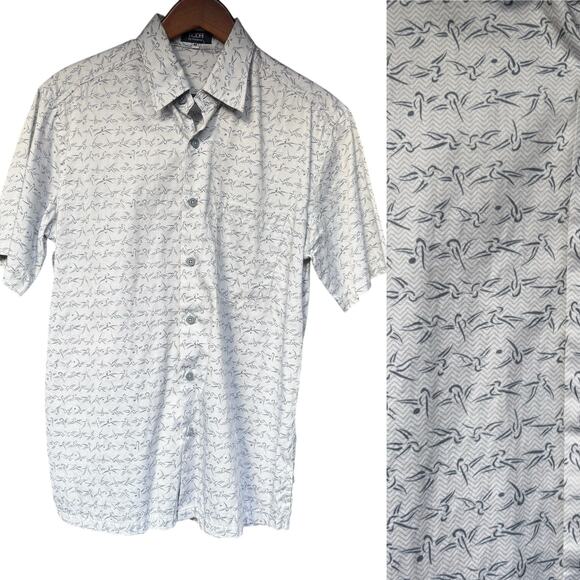 BODHI by Kotomori White Grey Abstract Birds Short Sleeve Button Down - M - Picture 2 of 7